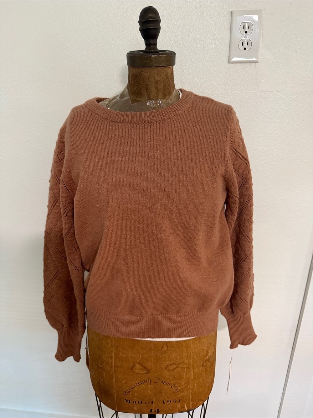 NWT Nanette Lepore Tan Pointelle Balloon-Sleeve Sweater - Size L & XL